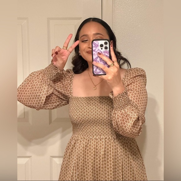 Kourt Calypso Women Tan Smocked Geometric Puff Sheer Sleeve Dress Size Medium - Picture 6 of 8